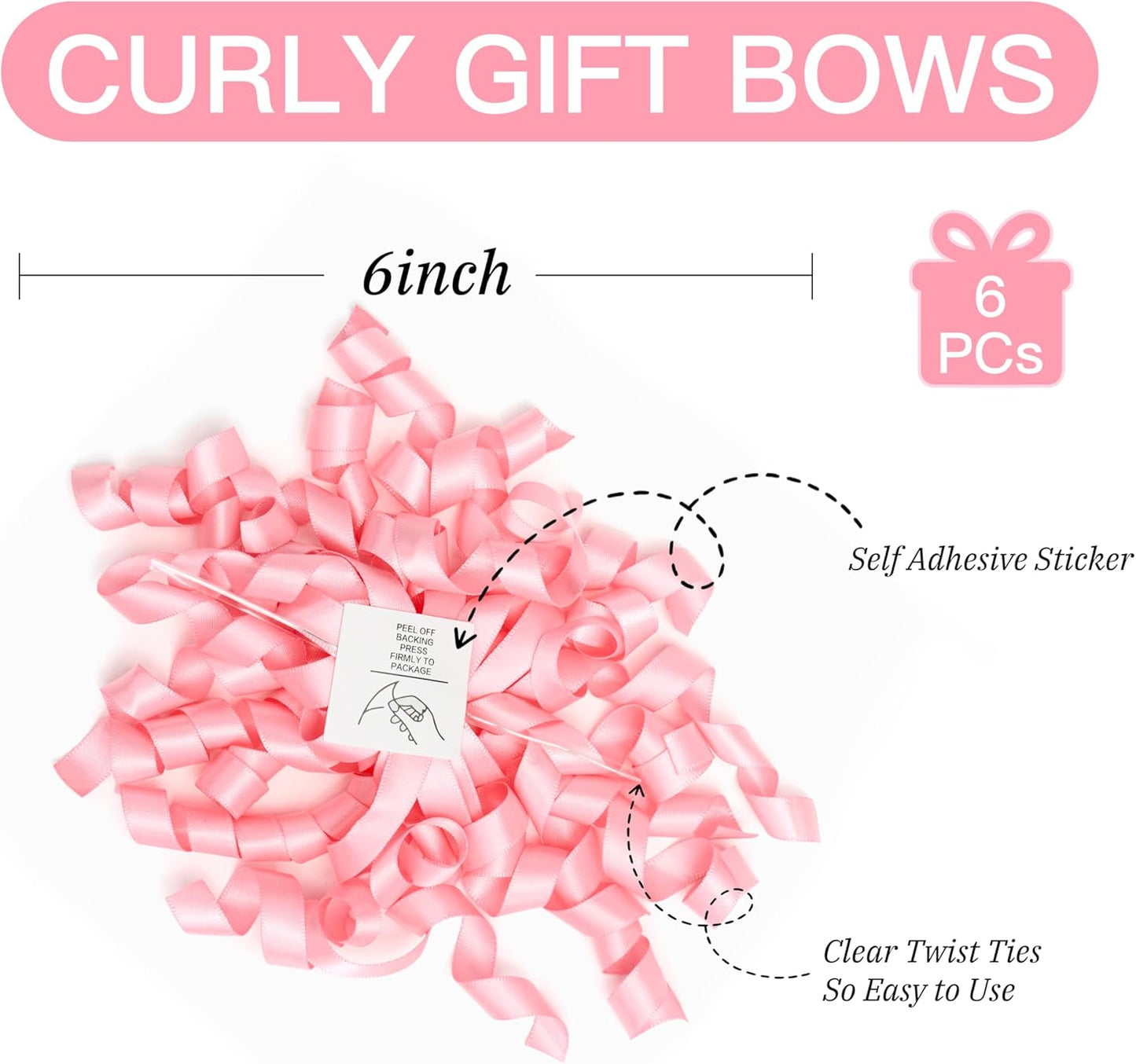 6 Inch Pink Curly Bows for Gift Wrapping Set of 6, Self Adhesive Bows Pink Gift Bows for Presents, Satin Ribbon Bows for Birthday, Wedding, Christmas, Bridal Shower, Gift Wrap Accessory