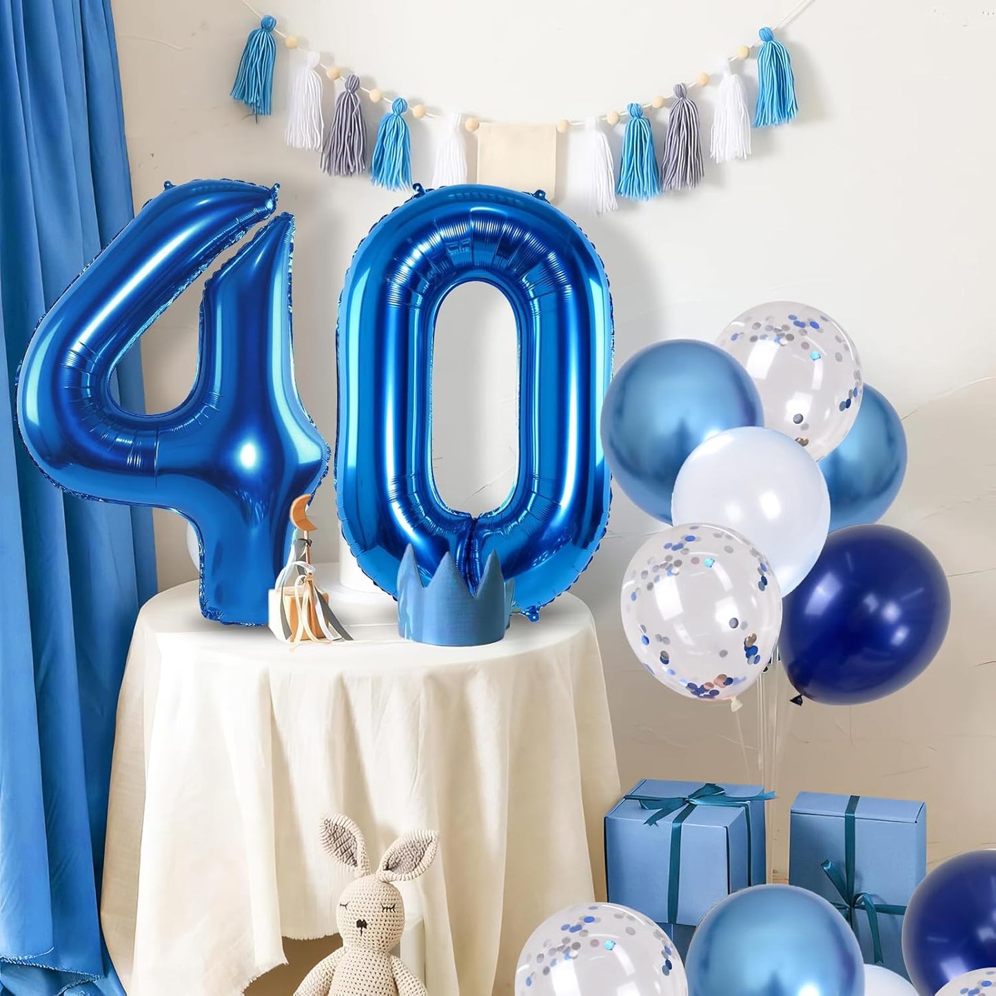 Large Foil Number 40 Balloons, Big Light Navy Blue 40 Helium Balloon with Metallic Silver Confetti Balloon for Men 40th Birthday Party Decor, Mylar Self Inflating 40 Balloon for Graduation Decorations