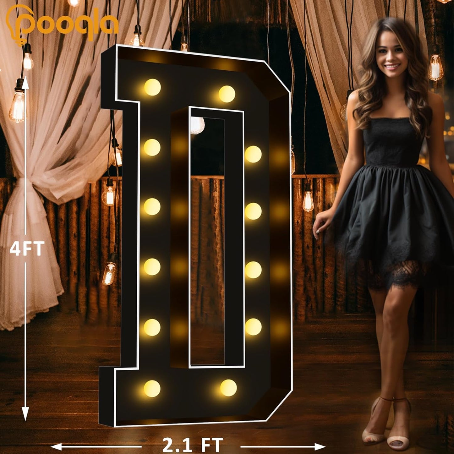 Pooqla 4 FT Marquee Light Up Letters, Black Marquee Letter Lights 4 Feet Tall, Giant Letter Sign Big Mosaic Letters for Balloons Birthday Party Anniversary Wedding Decorations, Warm White Letter D