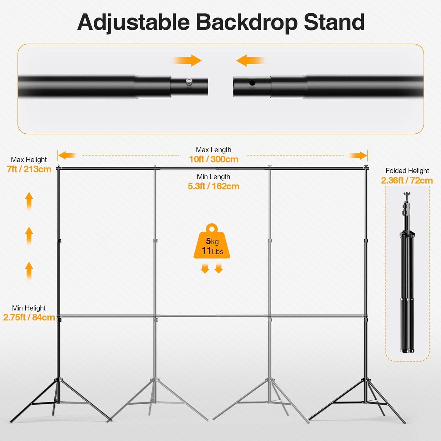 Backdrop Stand, 10x7ft(WxH) Photo Background Stand Adjustable Support Kit with 2 Crossbars, 8 Backdrop Clamps, 2 Sandbags and Carrying Bag for Parties Photography Wedding Decoration