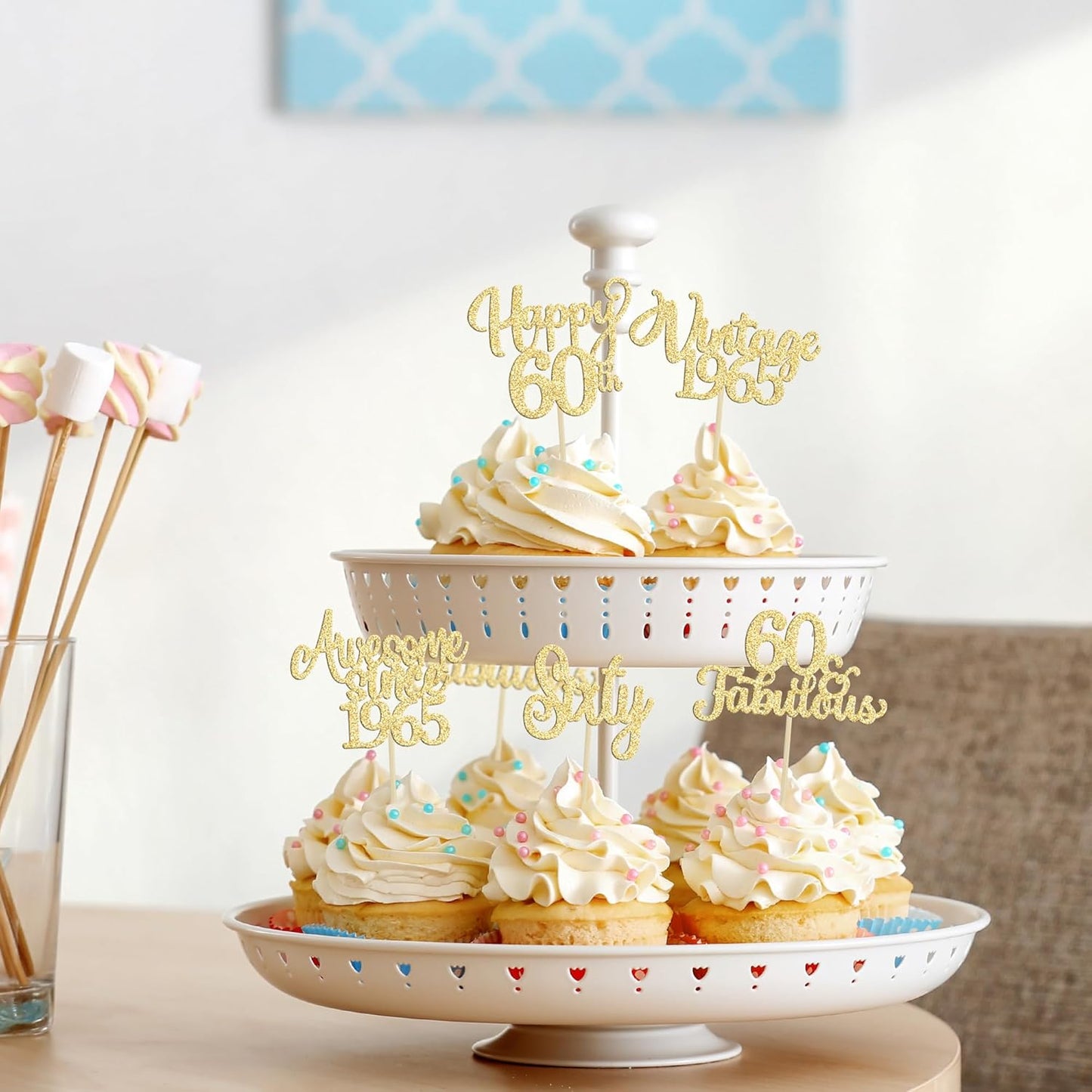 30Pcs Vintage 1965 Cupcake Toppers Glitter Sixty Happy 60th Birthday 60 Fabulous Cupcake Picks Cheers to 60 Years for 60th Birthday Wedding Anniversary Party Cake Decorations Supplies Gold