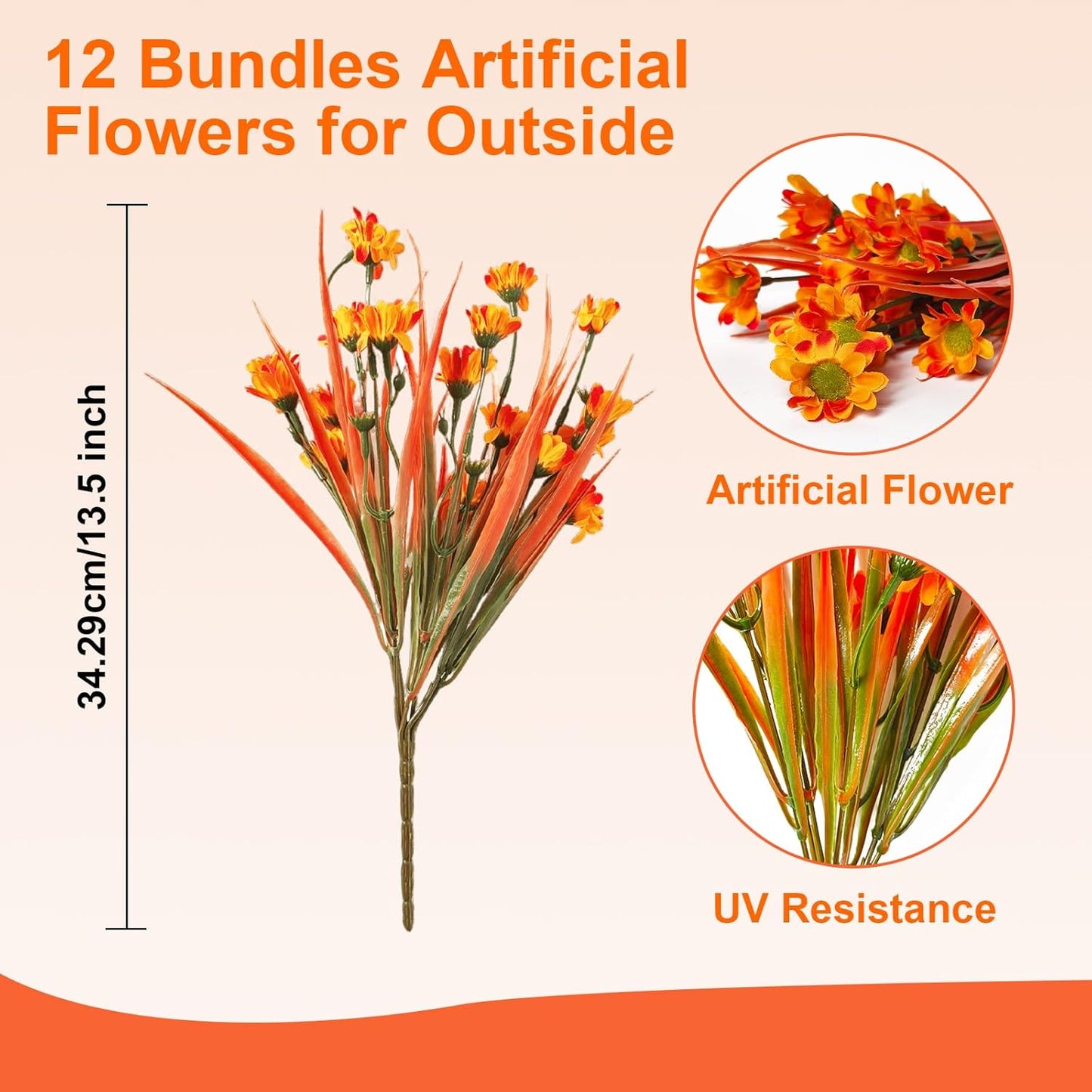 Fake Mums Fall Flowers Artificial for Decoration, 12 Bundles Faux Plants Silk Orange Flowers Realistic UV Resistant for Outdoors Planter Porch Garden Balcony Patio Window Box