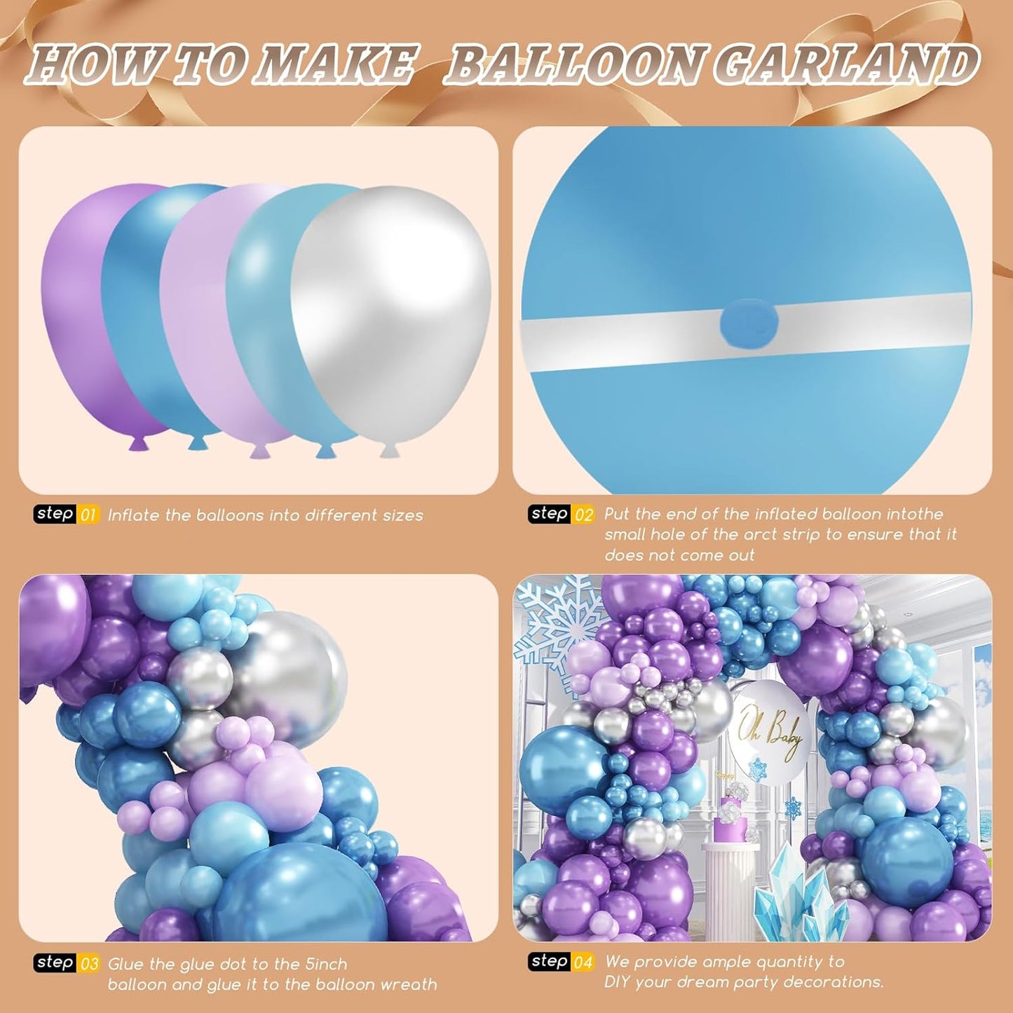 412pcs Blue Purple Balloon Garland Arch Kit, 18 12 10 5 inch Different Sizes Blue Purple Pearlescent Metallic Balloons for Princess Winter Wonderland Girl Baby Party Decorations