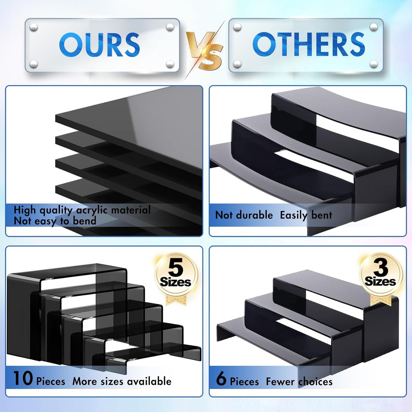 Aheroi Display Risers, 10 Pcs 2 Set(7”L~8”L~9”L) Acrylic Risers, Black Arylic Display Stands Acrylic Shelf Riser, Risers Display Stand Set for Decor, Cupcake Stands Display Showcase Holder for Toys