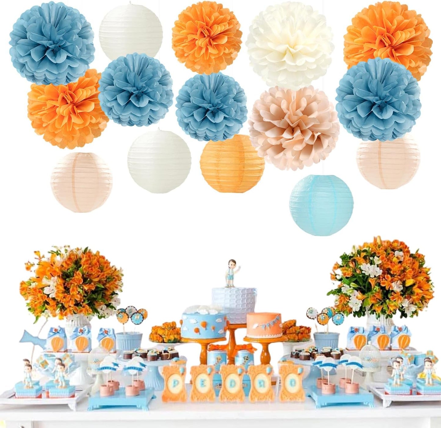 Dusty-Blue Orange Party-Decorations Paper-Flowers Lanterns - 15pc Boho Fall Peach Beige Tissue Pom Poms Streamers,Birthday Bachelorette Bridal Baby Shower Engagement Wedding Graduations Decor Panduola