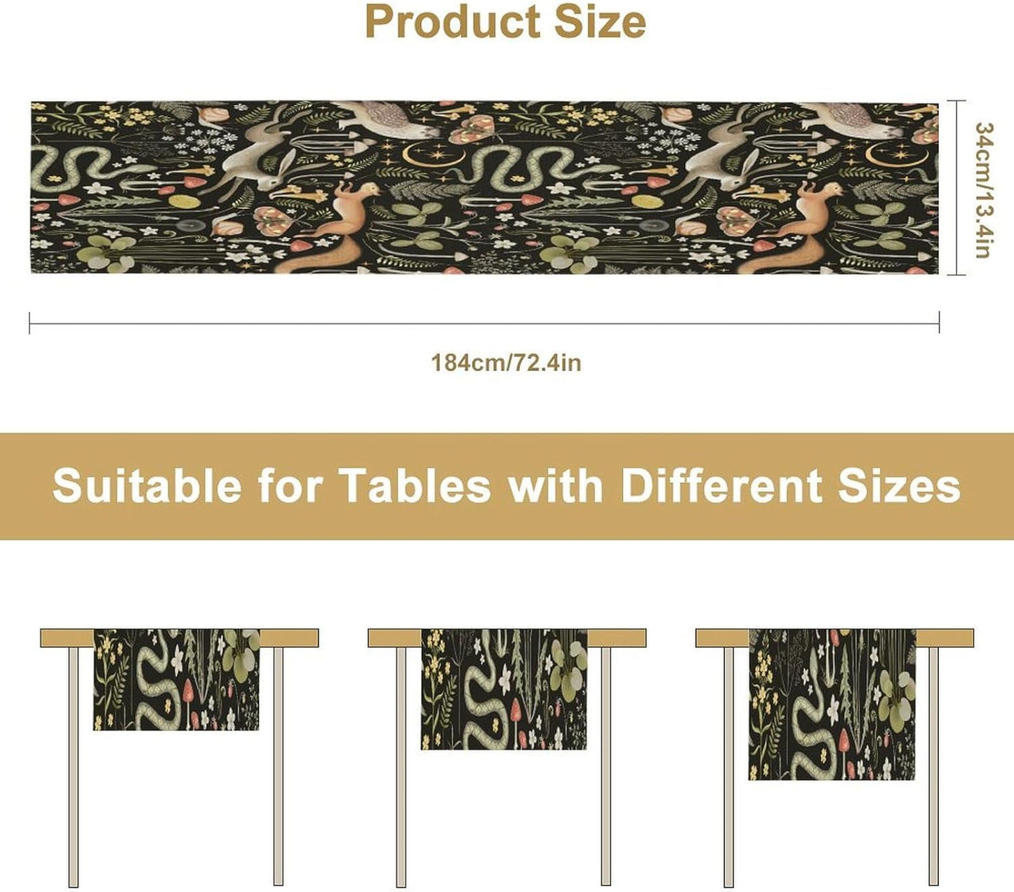 Mushroom Table Runner,Vintage Boho Forest Wild Animal Wildflower Botanical Plants Pattern Print Burlap Hotel Indoors Outdoor Dining Room Kitchen Holiday Party, 13x80in