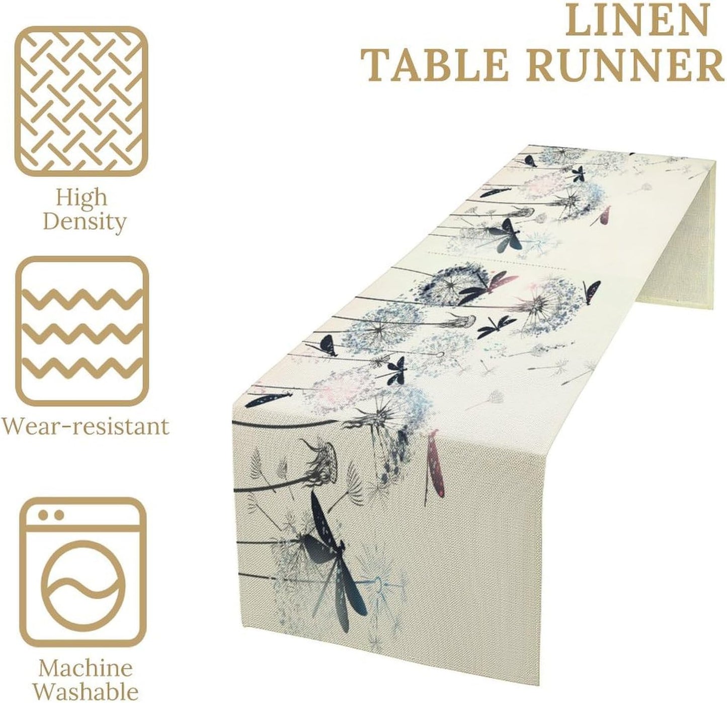 Dandelion Table Runner,Nature Rustic Dragonfly Teal Blue Floral Pattern Print Burlap Tablecloth for Hotel Indoors Outdoor Dining Room Kitchen Table Decor, 13x90in