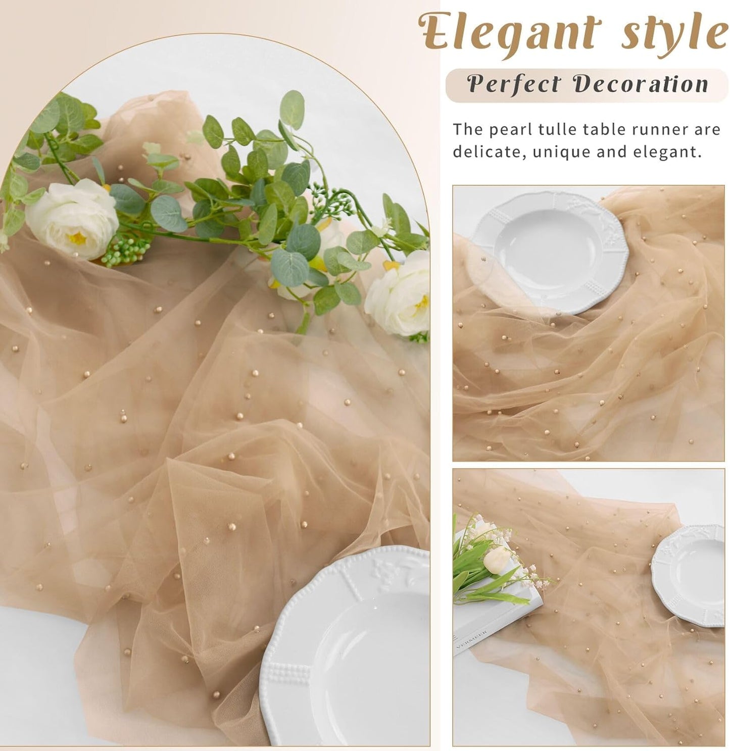 Set of 6 Pearl Table Runner 29 x 120 Inch Tulle Fabric Lace Table Runners Boho Rustic Tablecloth for Bridal Shower Birthday Party Wedding Arch Aisle Veil Dessert Table Decor(Nude)