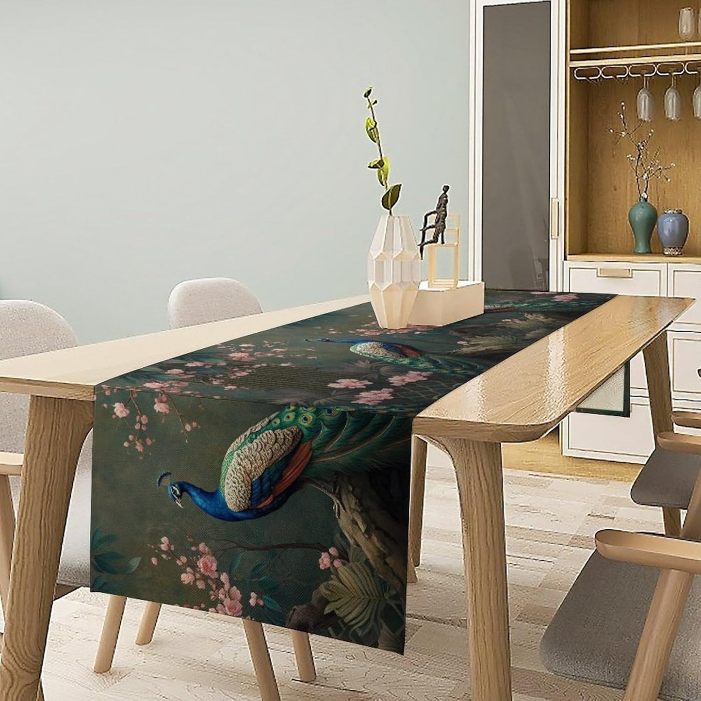 Peacock Table Runner,Vintage Aesthetic Peacock Birds Table Runner for Home Kitchen Dining Party Indoor Outdoor Decoration 13x90 Inch