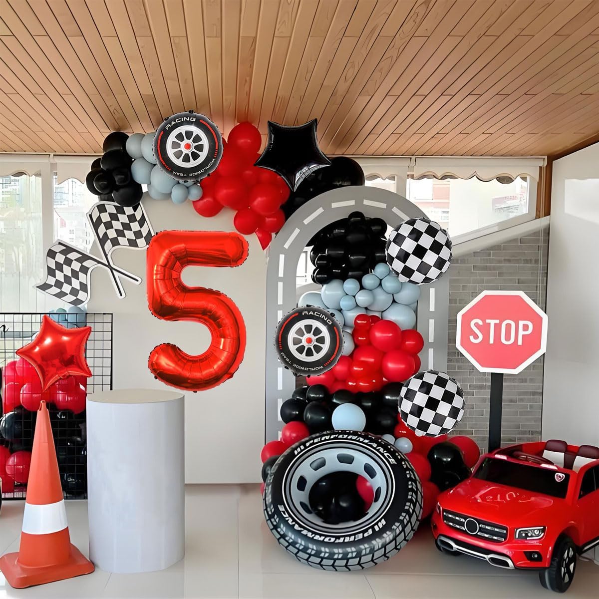 Race Car Birthday Party Decorations - 40 Inch Mylar Red Number 5 Balloons - Black Foil Checkered Race Car Balloons for 5st Birthday Race Cars Themed Party Decorations