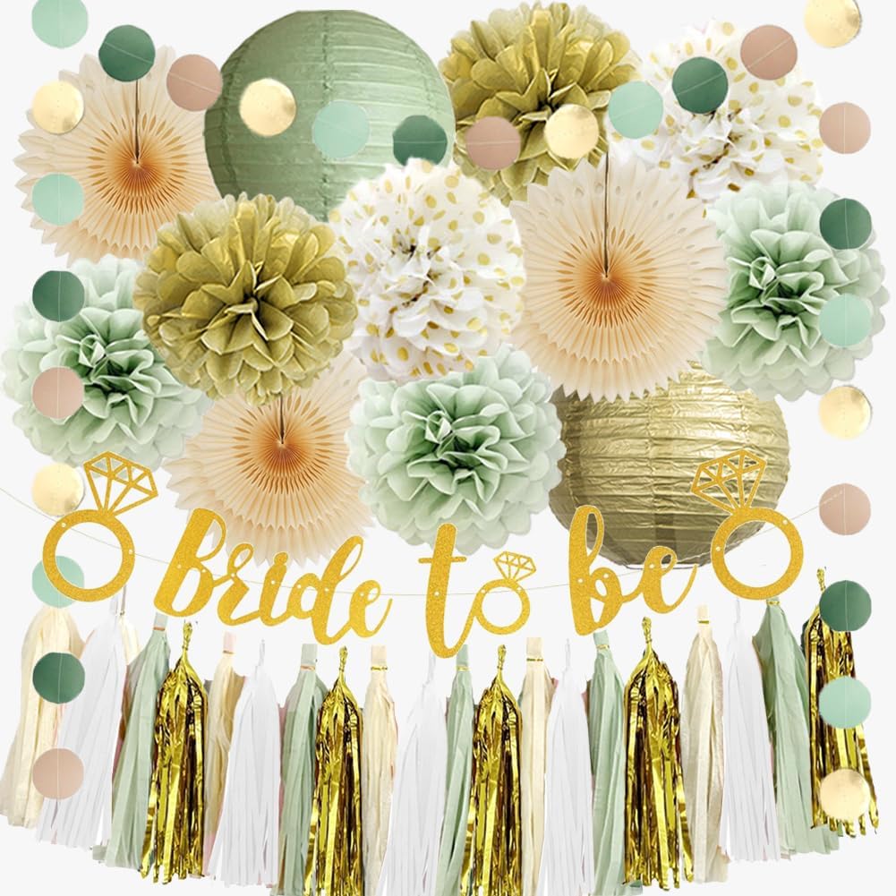 Bridal Shower Decorations Sage Green and Gold Bachelorette Party Decorations Bride to Be Banner Gold Sage Green Paper Pom Poms Lanterns Fans Beige Kit with Beige White Tassel Garland for Wedding