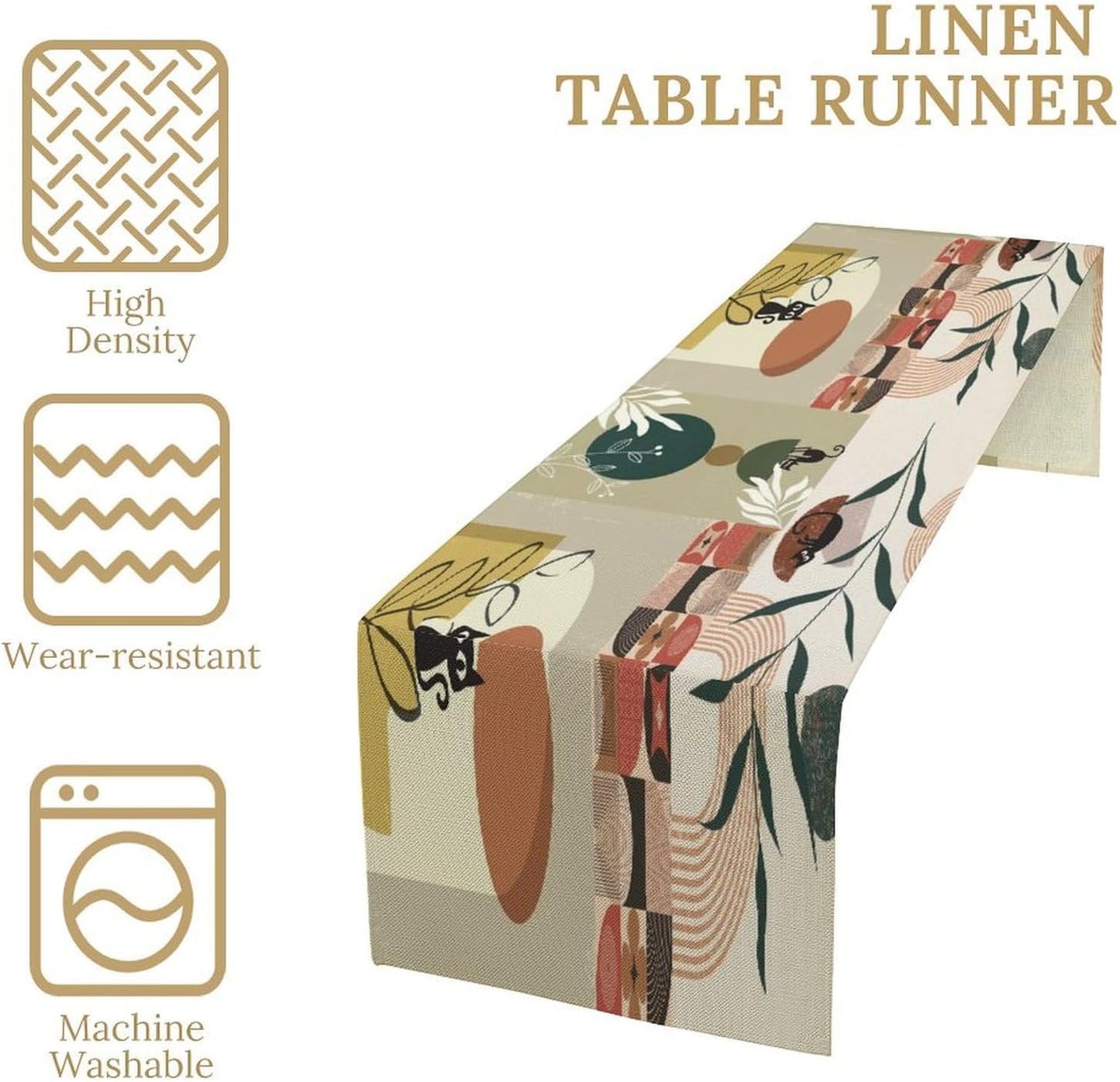 Mid Century Table Runner,Abstract Boho Plant Leaf Botanical Cat Modern Geometric Pattern Print Burlap for Hotel Indoors Outdoor Dining Room Kitchen Home Decor, 13x60in