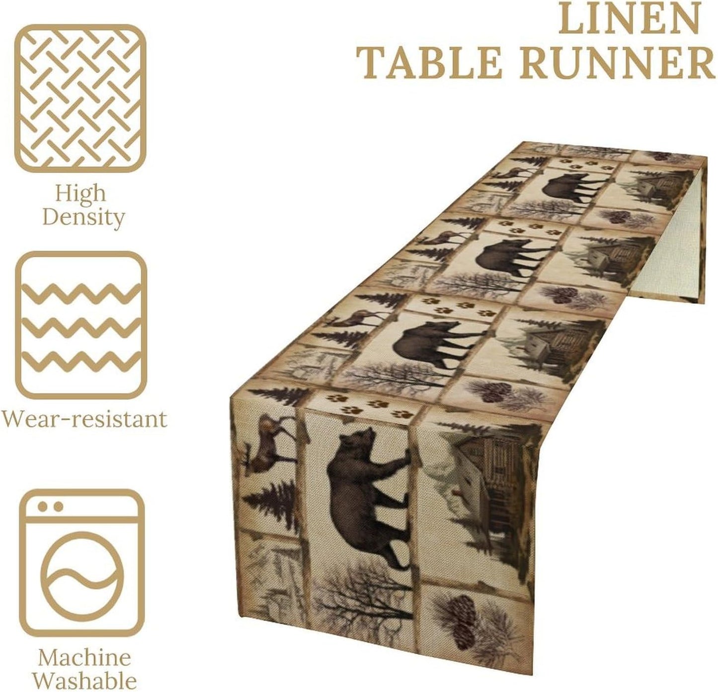 Rustic Cabin Table Runner, Retro Moose Cone Deer Bear Farmhouse Lodge Table Runner for Dinner Living Room Kitchen Vintage Country Cottage 13x90 Inch