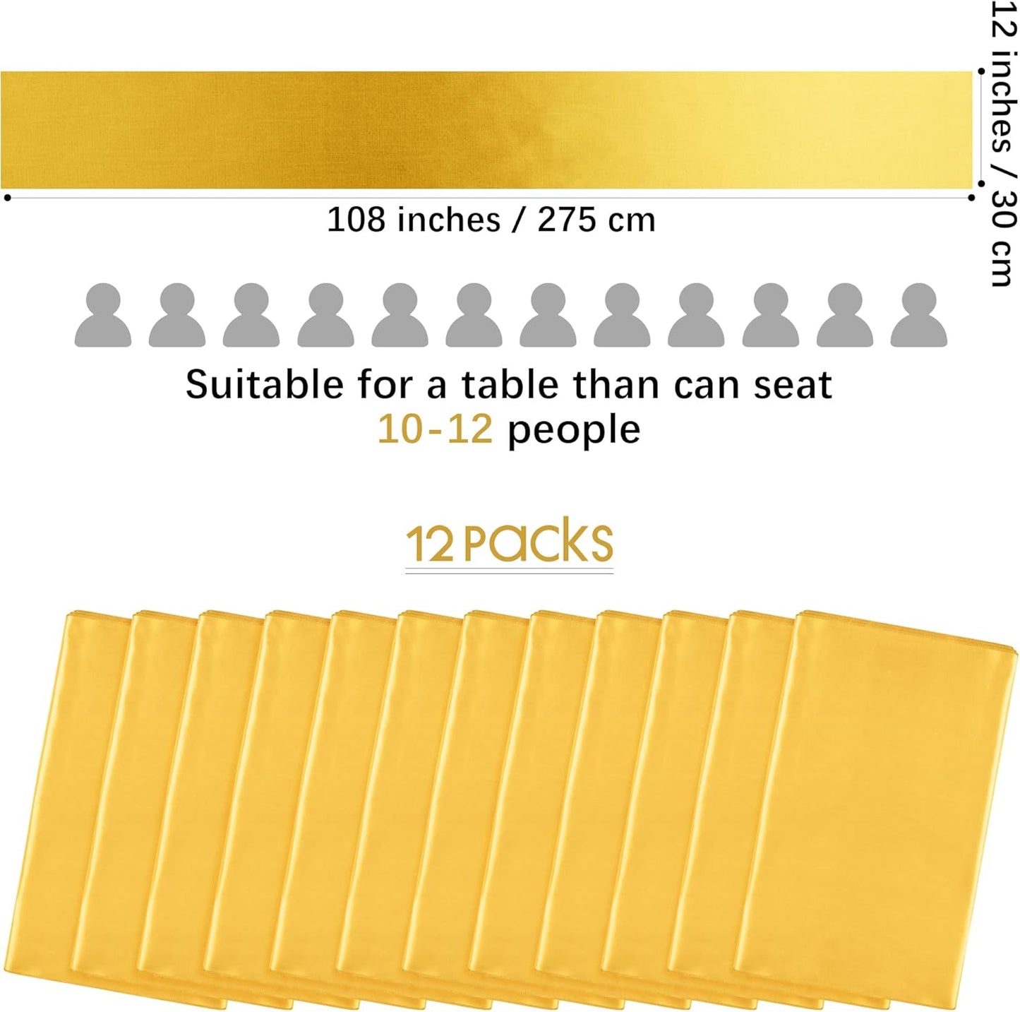 Aneco 12 Pack Satin Table Runner 12 x 108 Inch Gold Long Wedding Satin Silk Table Runner for Wedding Banquet Graduations Birthday Party Decoration