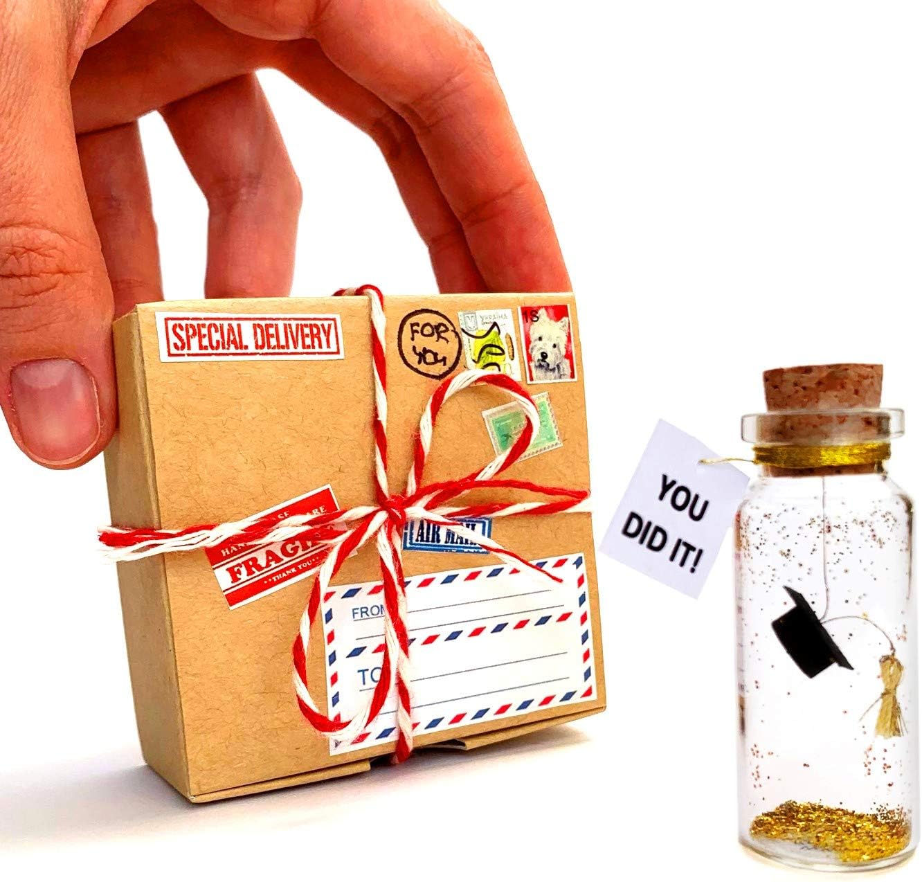 Kseniya Revta Inspirational Message in a Bottle Gift Idea - Classy Gifts for Friends and Family - Unique Boyfriend Girlfriend Presents (Black Graduate Cap - You Did It, in Craft Gift Box)