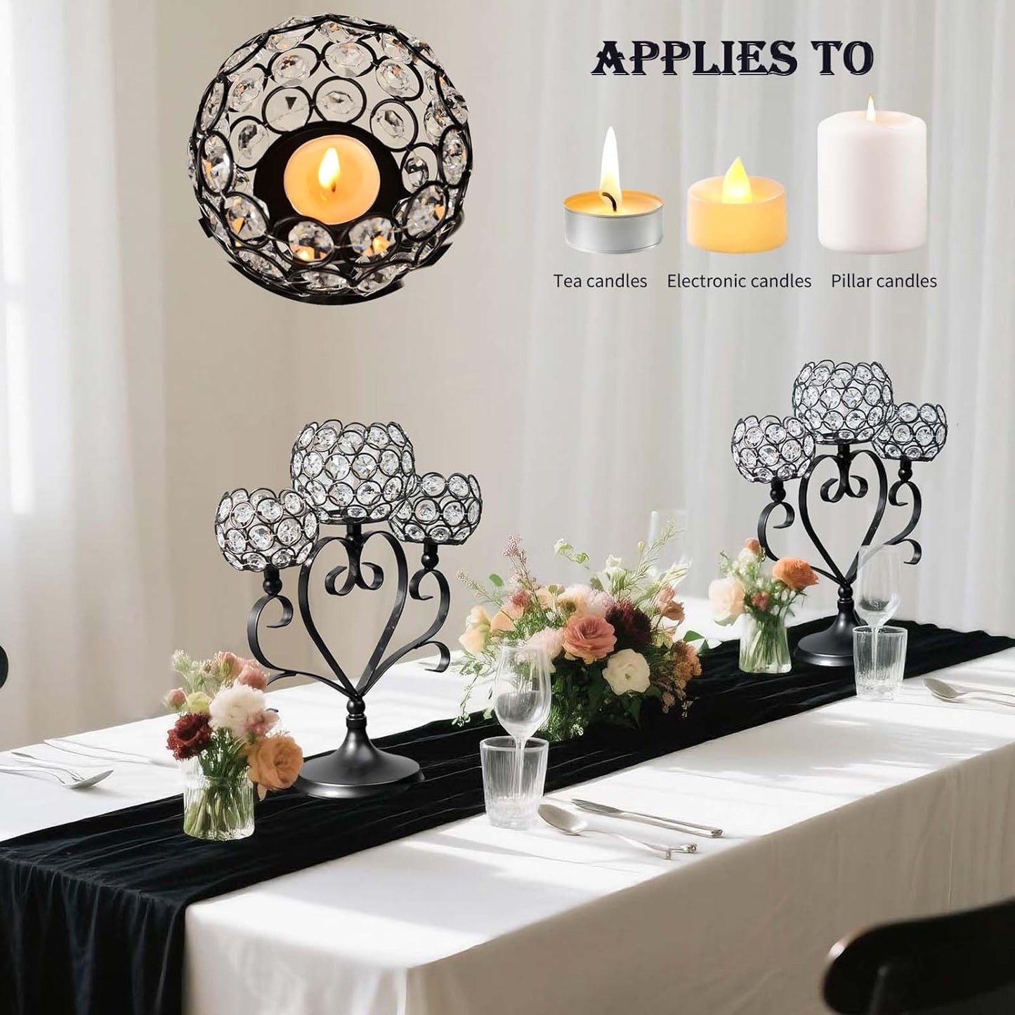 2 Pcs 3-Arm Heart Tea Light Candle Holder - Crystal & Metal Wedding Centerpiece Decor, Sparkling Table Decor for Anniversaries/Romantic Tabletop Home/Dinner Party/Events (2, Black)