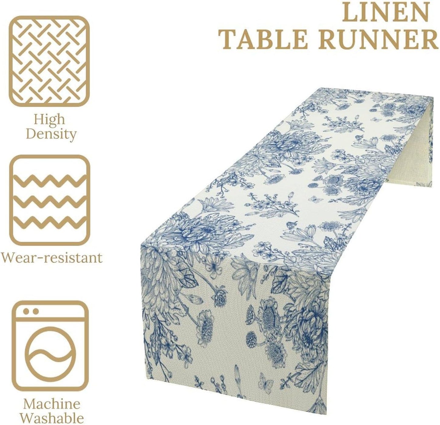 Chinoiserie Flower Table Runner, Seasonal Spring Fall Plants Blue Florals Dinner Runner for Home Kitchen Dining Table Party Holiday Decoration 13"x36"