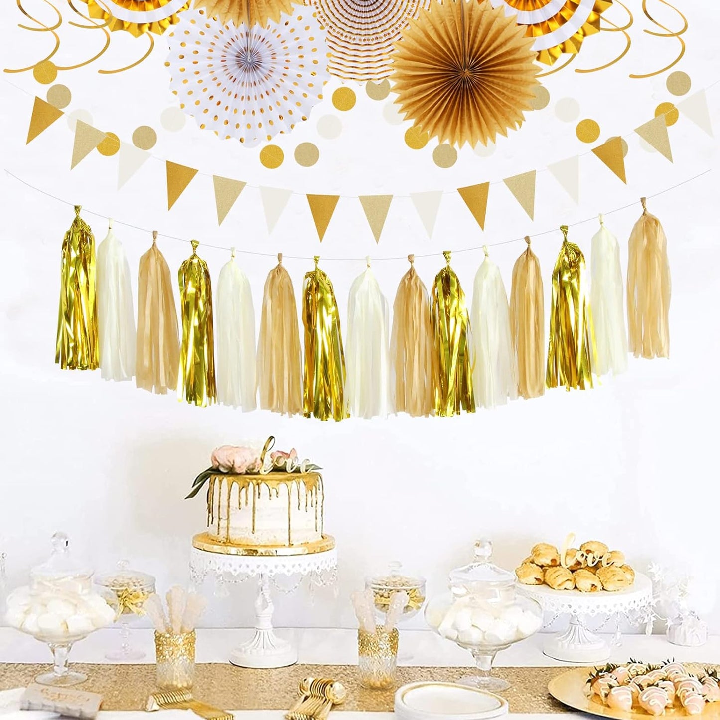 White Gold Bridal-Shower Engagement Party-Decorations - 33pcs Banner,Streamers Tassel Garland,Tissue Pom Poms Honeycomb,Paper Lantern Fans,Christmas Wedding Bachelorette Baby Birthday Decor Hugtmr