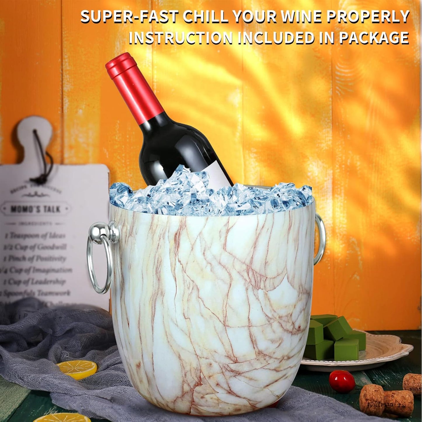 Ice Bucket with Lid, Scoop, Tongs and Strainer - Well Made Insulated Stainless Steel Keep Ice Frozen Longer - Ideal for Cocktail Bar, Parties, Chilling Wine, Champagne - 3 Liter (CarraraMarble)