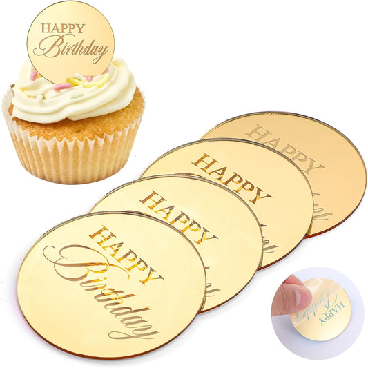 Mirror Round Cupcake Toppers Acrylic Circle Happy Birthday Cupcake Toppers, 20PCS Happy Birthday Cake Decorations, Round Engraved Cake Picks, Reusable Party Supplies, Gold
