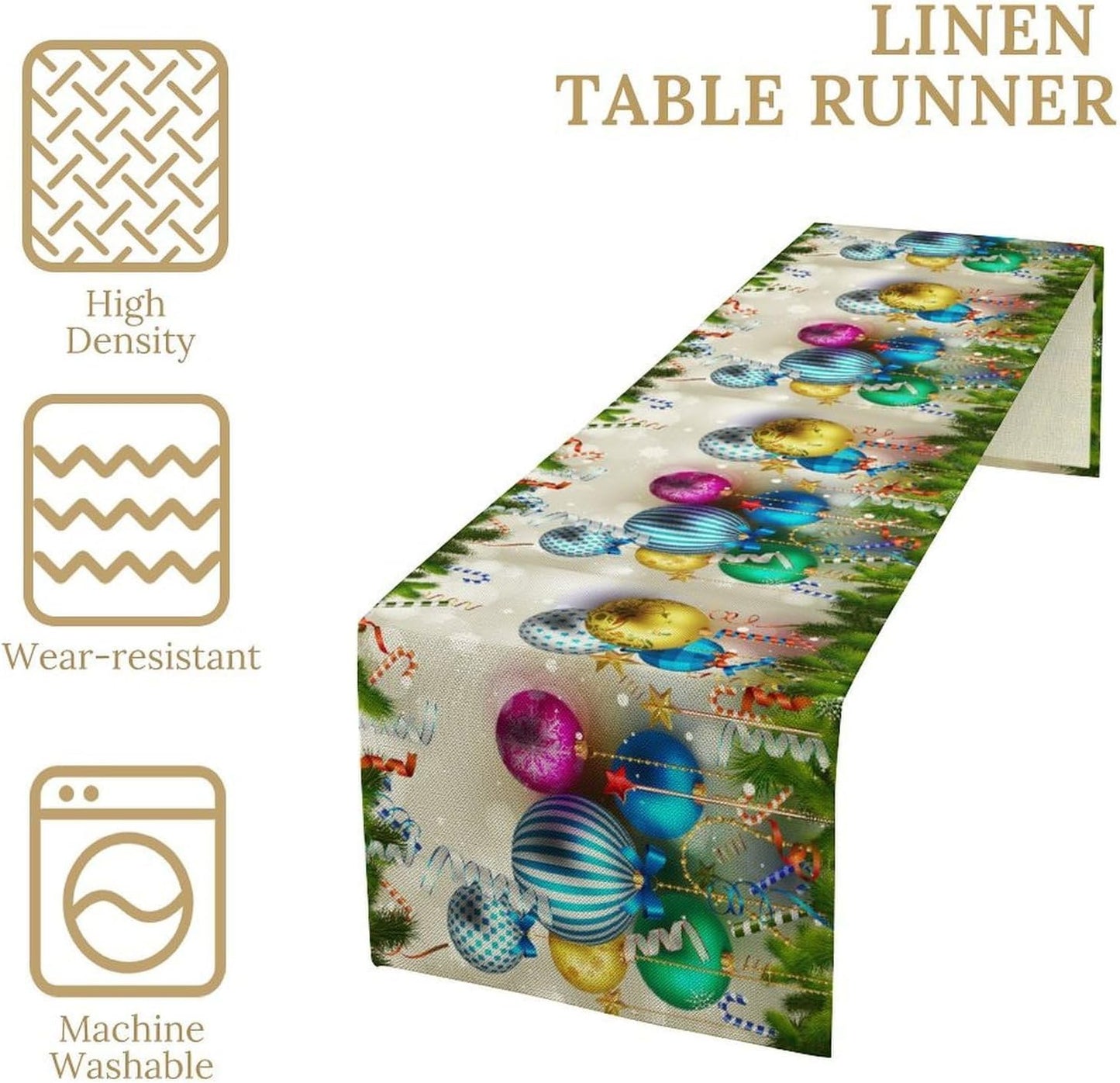 Christmas Table Runner,Colorful Balls Xmas Tree Snowflake Pattern Print Tablecloth Burlap for Hotel Indoors Outdoor Dining Room Kitchen Home Decor,W13X L36 in