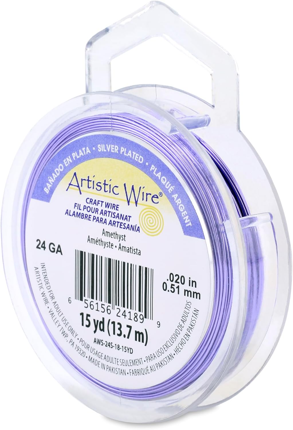 Artistic Wire, 24 Gauge Silver Plated Tarnish Resistant Colored Copper Craft Wire, Amethyst, 15 yd