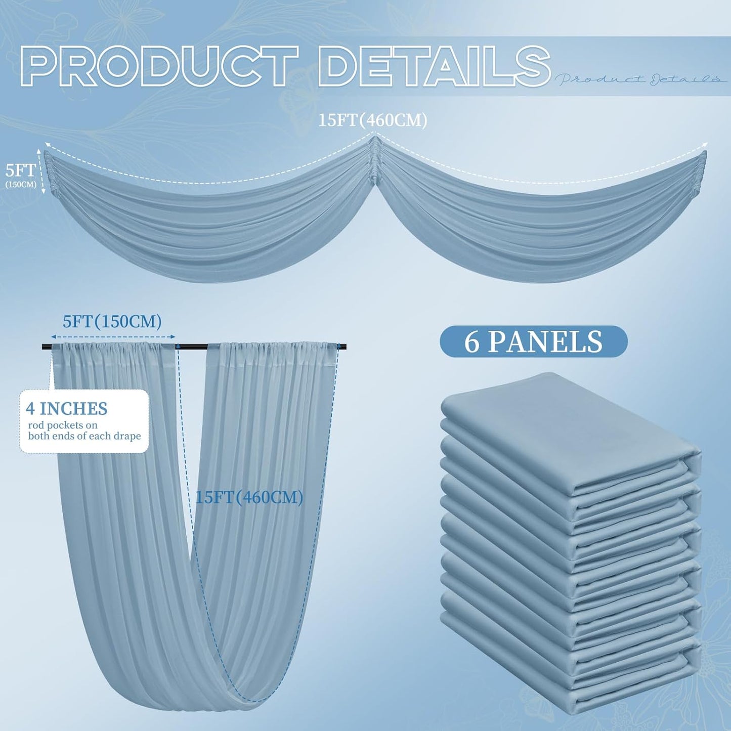 6 Panels Dusty Blue Ceiling Drapes for Wedding 5ftx15ft Ceiling Drapes Wedding Arch Draping Fabric Cheesecloth Sheer Curtain Romantic Ceiling Decorations for Weddings Party Banquet Ceremony Stage