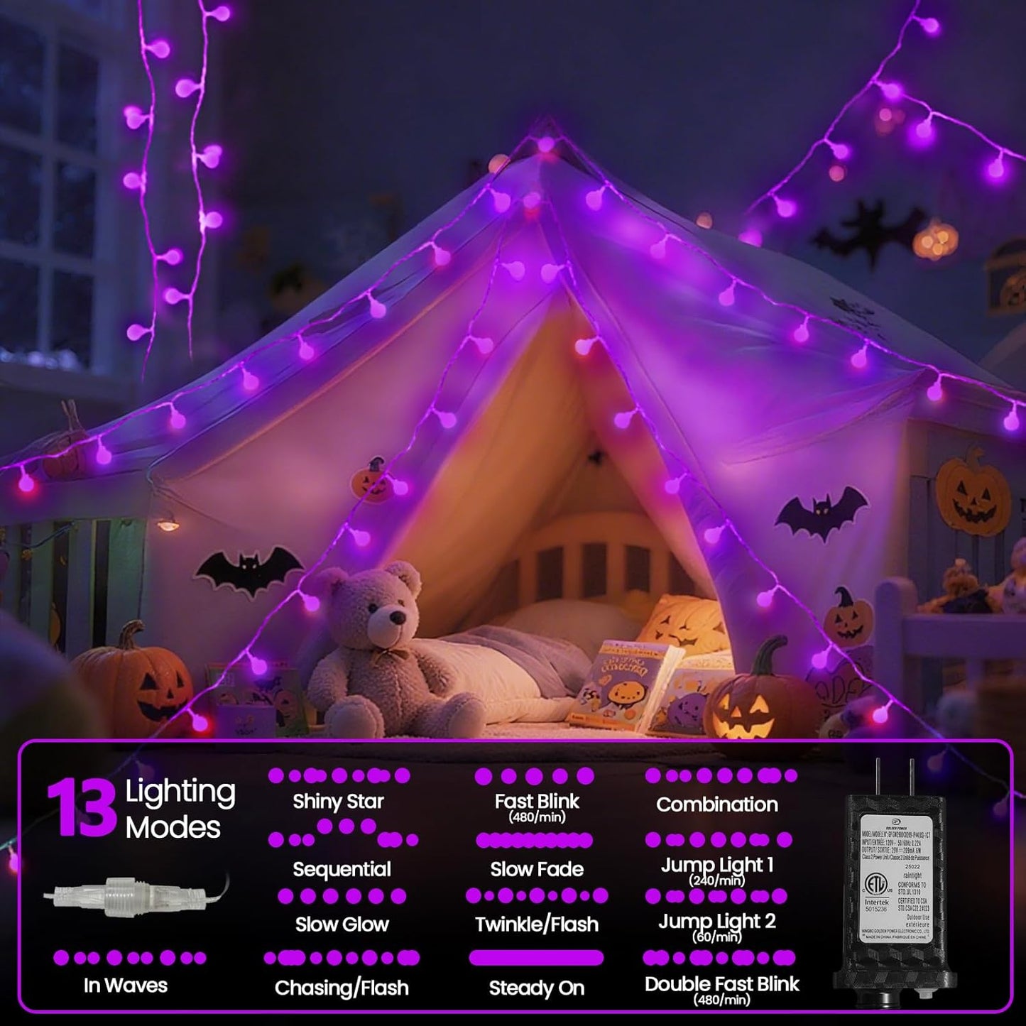 Connectable Purple Halloween Lights Outdoor Indoor - 43FT 100LED Globe String Lights Plug in with Timer, 13 Modes Fairy Light Waterproof for Party Halloween Decorations Bedroom Decor