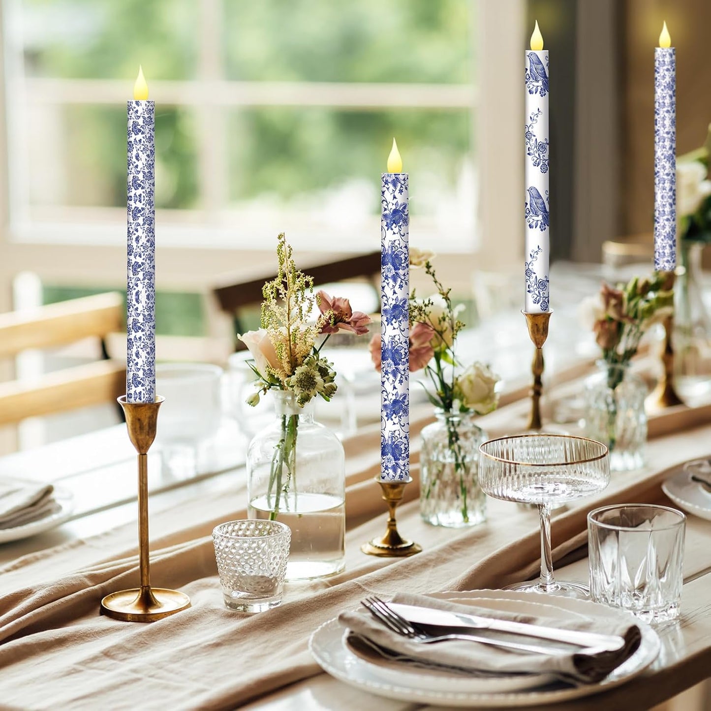 Baquler 6 Pcs Chinoiserie Bird Floral Flameless Candles 10.6 Inch Christmas Blue and White Battery Operated Led Candlesticks Chinoiserie Decor for Christmas Centerpiece Xmas Party Decor Holiday Gifts
