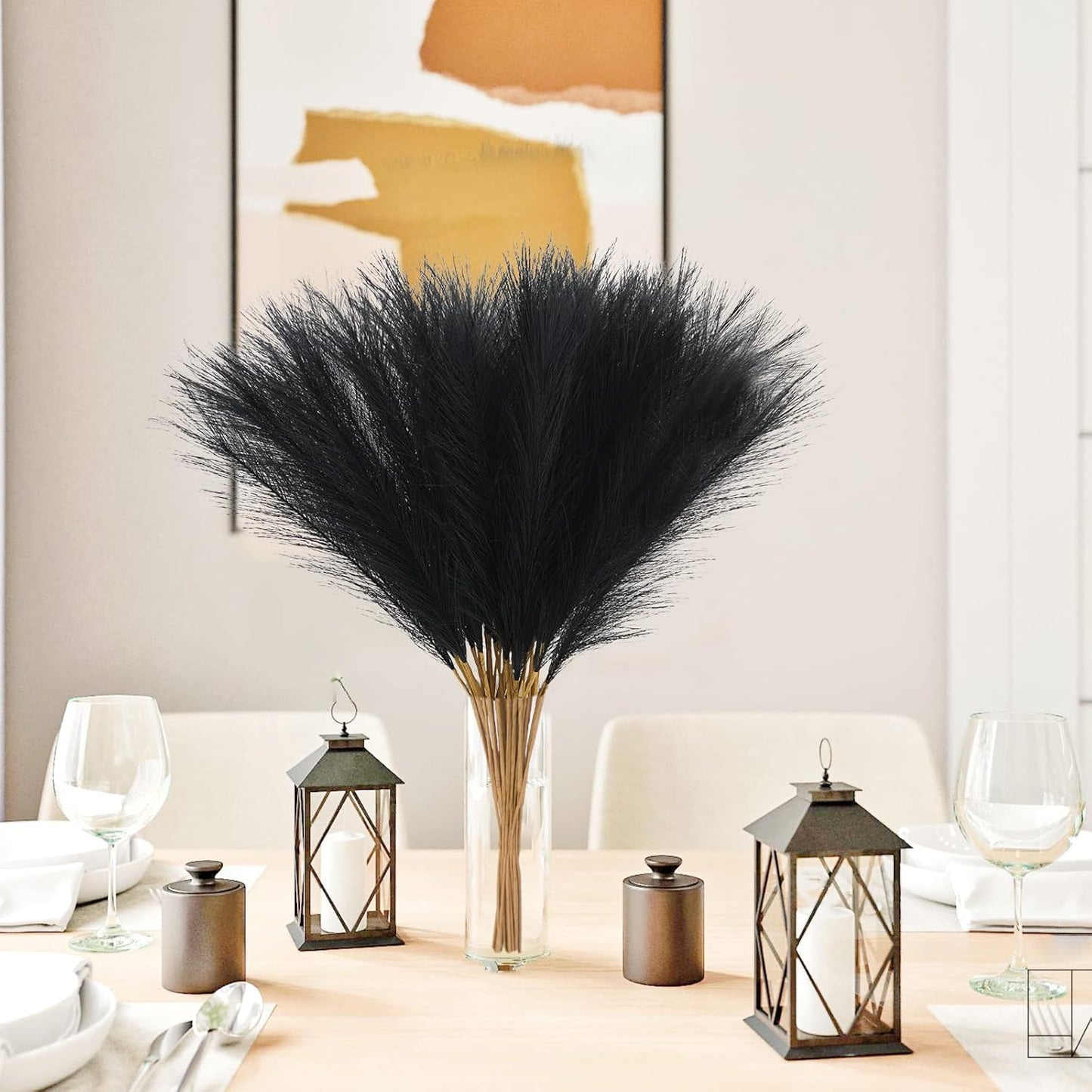 50pcs Faux Pampas Grass, 21.6" Short Artificial Pompous Grass Floral Fake Pompas Grass Branches Vase Filler Flower Arrangement for Home Wedding Boho Decor, Black