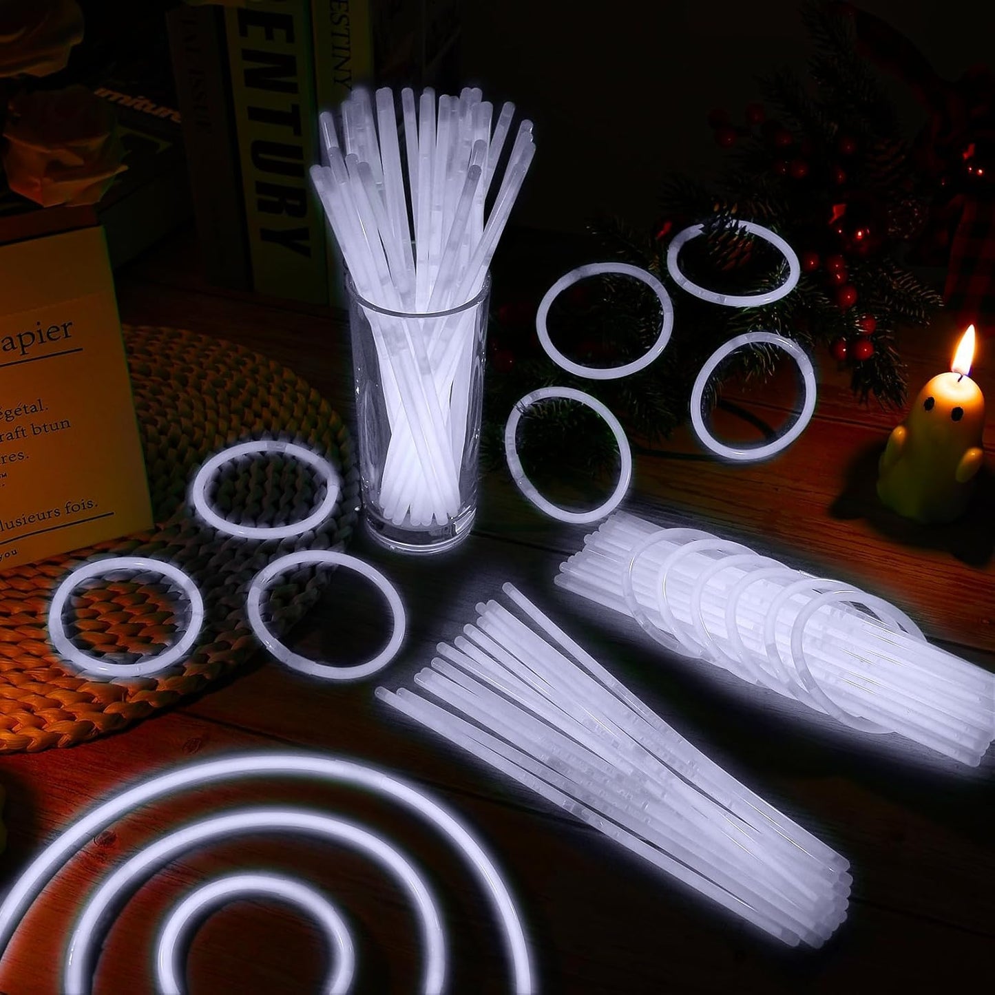 60 Pack 8” White Glow Sticks Bulk with 60 Connectors Neon Glow In The Dark Party favors Supplies for Holiday Birthday Party Decoration (White)