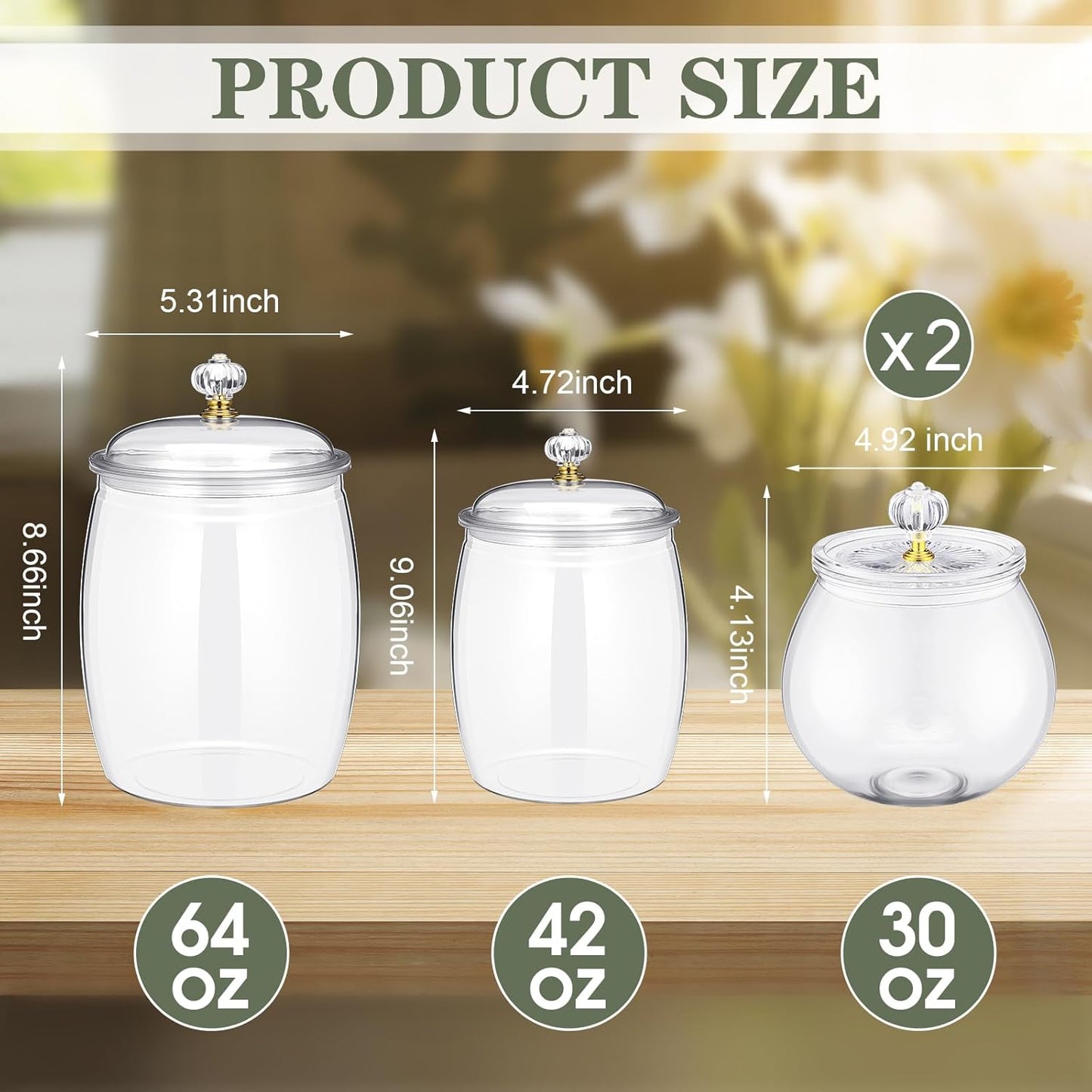 Nuogo 4 Pcs Plastic Candy and Cookie Jars with Lids Clear Cookie Container Candy Jars Large Airtight Apothecary Storage Organization for Wedding Home Kitchen Bar(30/42/64 oz)