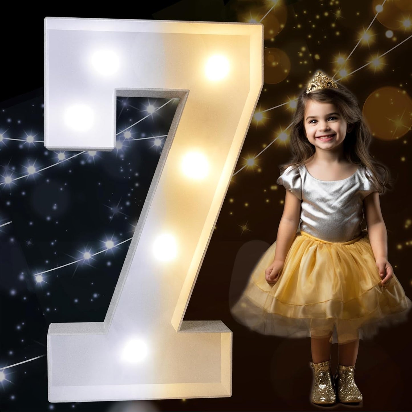 Pooqla 3FT Light Up Marquee Numbers, Cool White and Warm White LED Large Lighted Marquee Numbers, Giant Mosaic Light Up Numbers for Balloons 7th 17th 70th Birthday Decoration Party Decor, LED Number 7