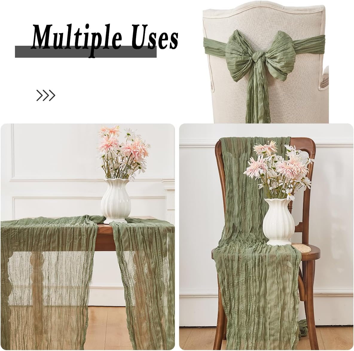 Sage Green 6 Pack Cheesecloth Table Runner 120 Inch 10 FT Boho Rustic Gauze for Wedding Baby Shower Party Farmhouse Summer Home Decor Washable