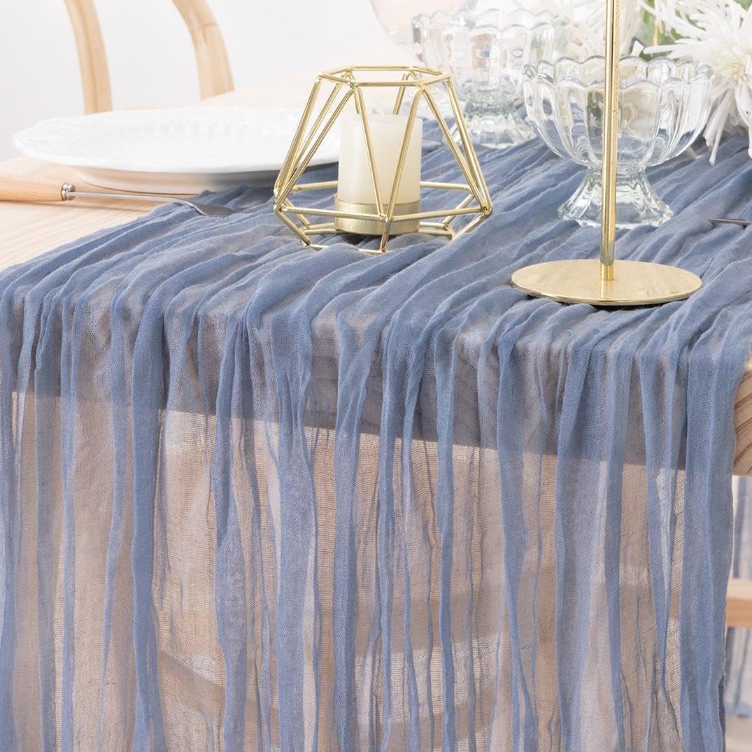 MLMW 3 Pack Dusty Blue Table Runner Cheesecloth Gender Reveal Boho Gauze Rustic Cheese Cloth Table Runner 160 inch Sheer 13.3ft for Wedding Party Baby Bridal Shower Birthday