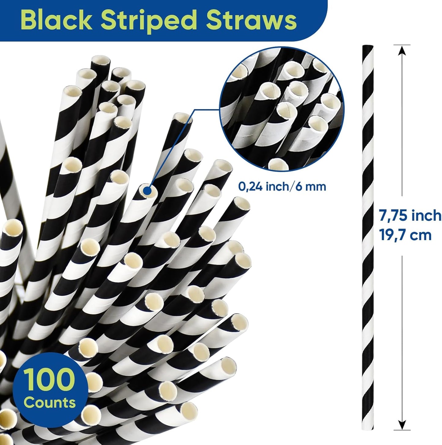 Black White Striped Biodegradable Paper Drinking Straws Unwrapped 7.75 inch 100 Counts - for Cocktail, Juice, Decoration, Crafts