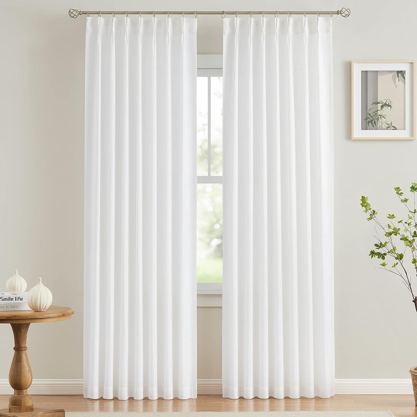 Vision Home White Pinch Pleated Semi Sheer Curtains Textured Light Filtering Window Curtains for Living Room Bedroom Rayon Blended Pinch Pleat Drapes with Hooks 2 Panels 40" Wx63 L