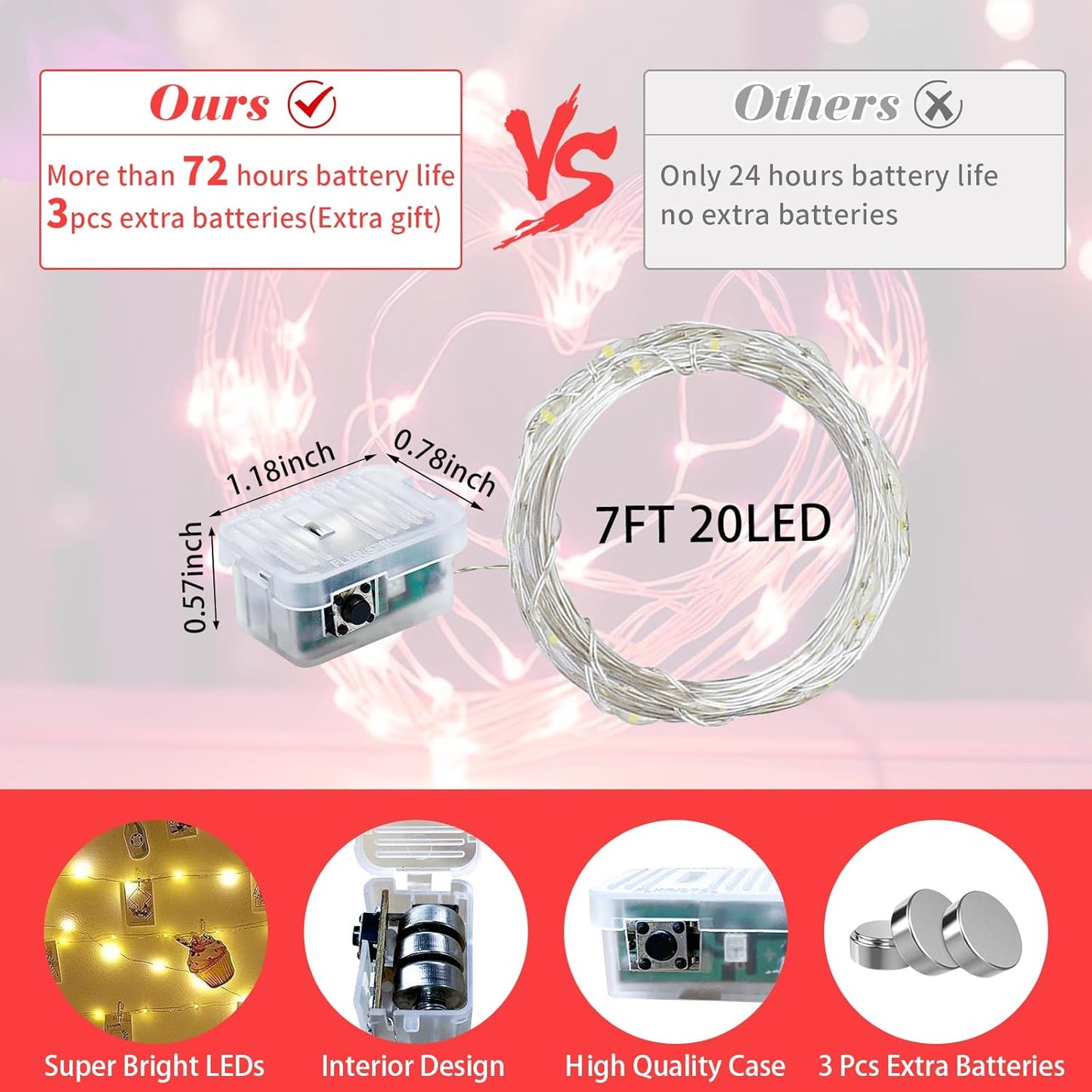 12 Pack Red Fairy Lights 7Ft 20 LED Twinkle String Lights 3 Modes Battery Operated Waterproof Firefly Starry for Mason Jar Party Wedding Christmas Valentines Day Table Centerpieces