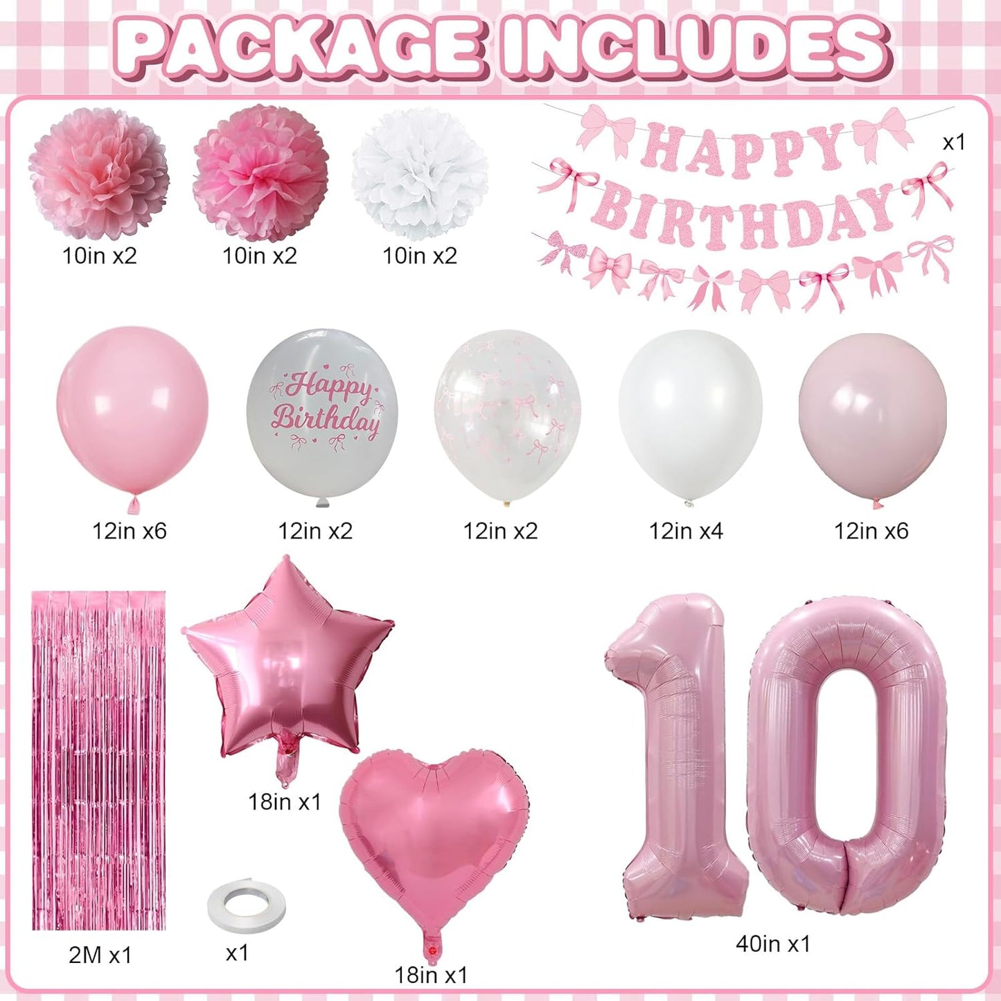 10th Birthday Decorations for Girls Pink Number 10 Balloon Bow Coquette Happy Birthday Banner Fringe Curtain Paper Pom Poms Star Heart Foil Pink White Balloons 10 Year Old Party Decor