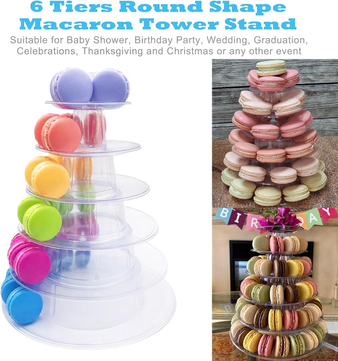 6 Tiers Round Macaron Tower Stand Plastic Cake Stand Macaron Display Rack Desserts Cupcake Holder Platter for Baby Shower, Birthday Party, Wedding, Party Decor