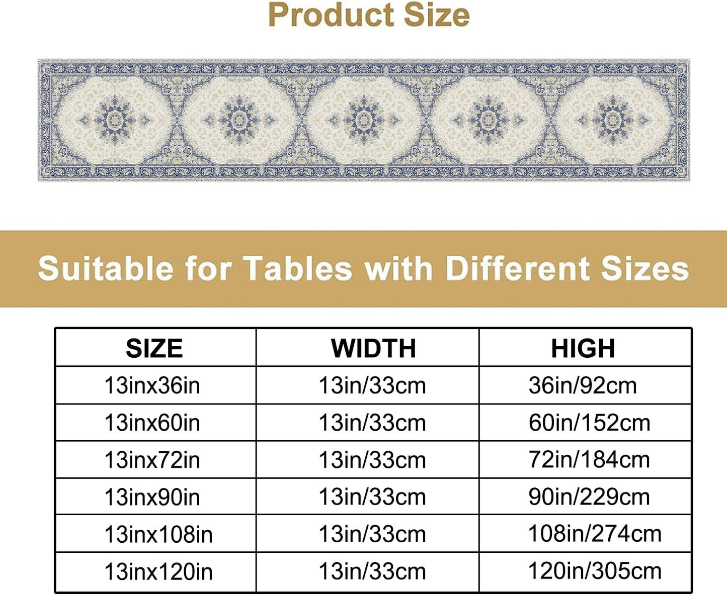 Boho Bohemia Style Table Runner, Vintage Blue Gold Retro Flower Rustic Country Style Floral Print Pattern for Home Kitchen Table Decor Dining Coffee Room Garden Party Decor 13x72in