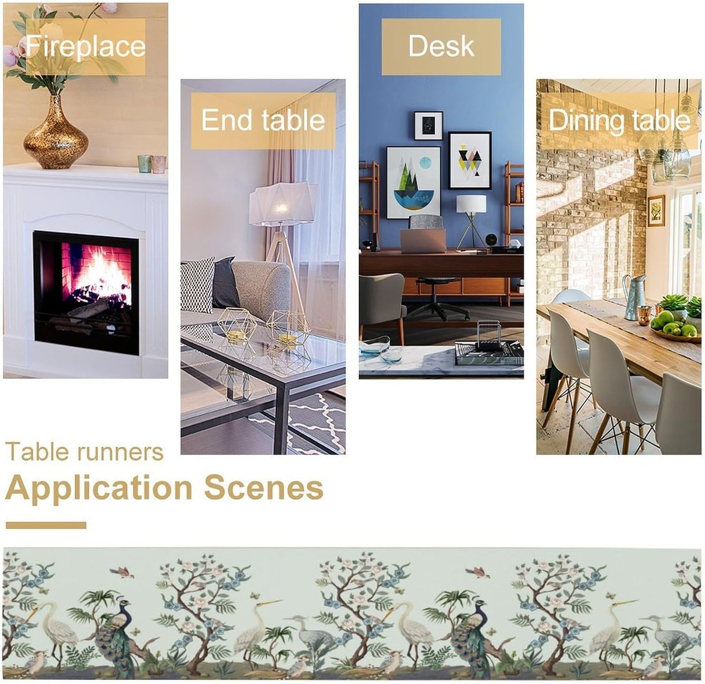 Peacock Table Runner,Retro Chinese Peonies Flowers Peacock Table Runner for Home Kitchen Dining Party Indoor Outdoor Decoration 13x70 Inch