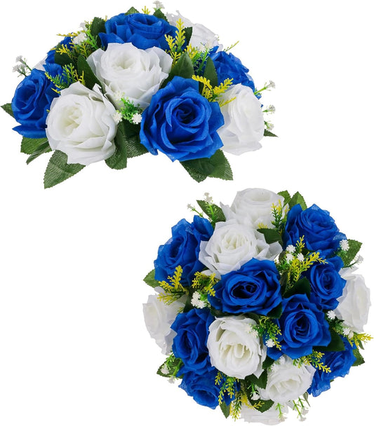 BLOSMON Royal Blue White Flowers: 2 Pcs Fake Roses Flower Balls Centerpiece for Wedding Table - Artificial Silk Kissing Bouquet Floral Arrangement for Home Party Event Decor