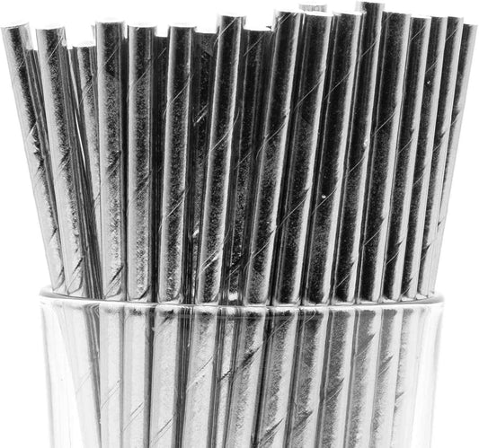 Pack of 150 Silver Foil Biodegradable 4-Ply Paper Drinking Straws (Compostable, Non-toxic, BPA-free)