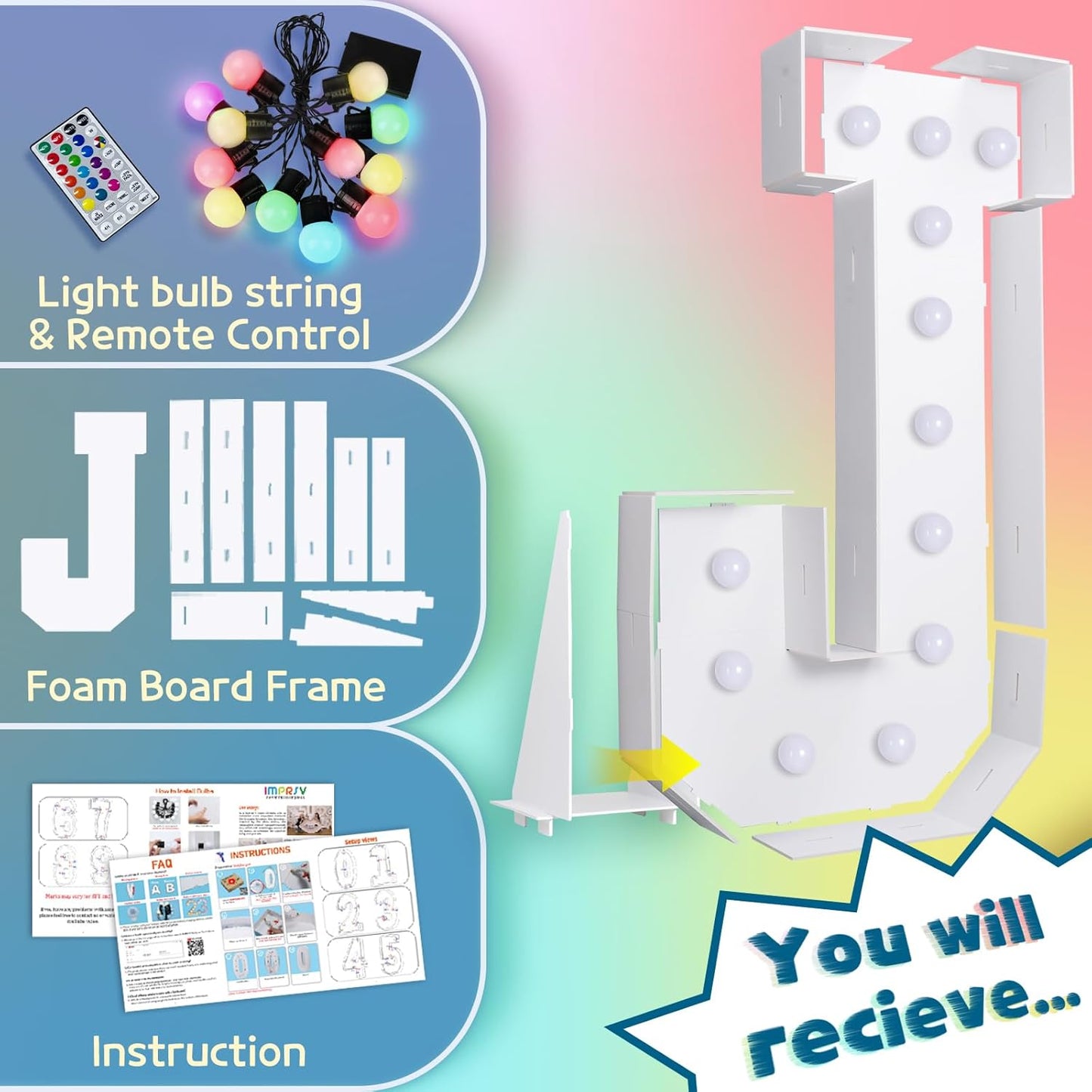 imprsv 4FT Colorful Marquee Light Up Letters J, 18 Colors Large Light up Letters Alphabet Sign with Remote, Large Marry Me Sign, Birthday Party Decorations Baby Shower Anniversary Wedding Decoration