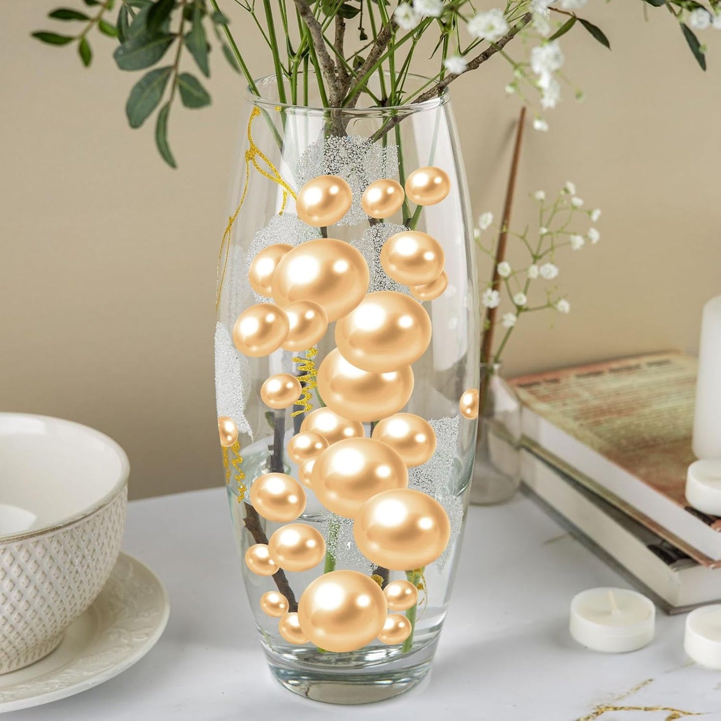 100PCS Light Brown Faux Pearls Beads for Centerpiece Vases, Vase Filler Faux Pearls, No Holes Filler Beads for Party Anniversary Birthday Wedding Table Decor, 14/20/30mm