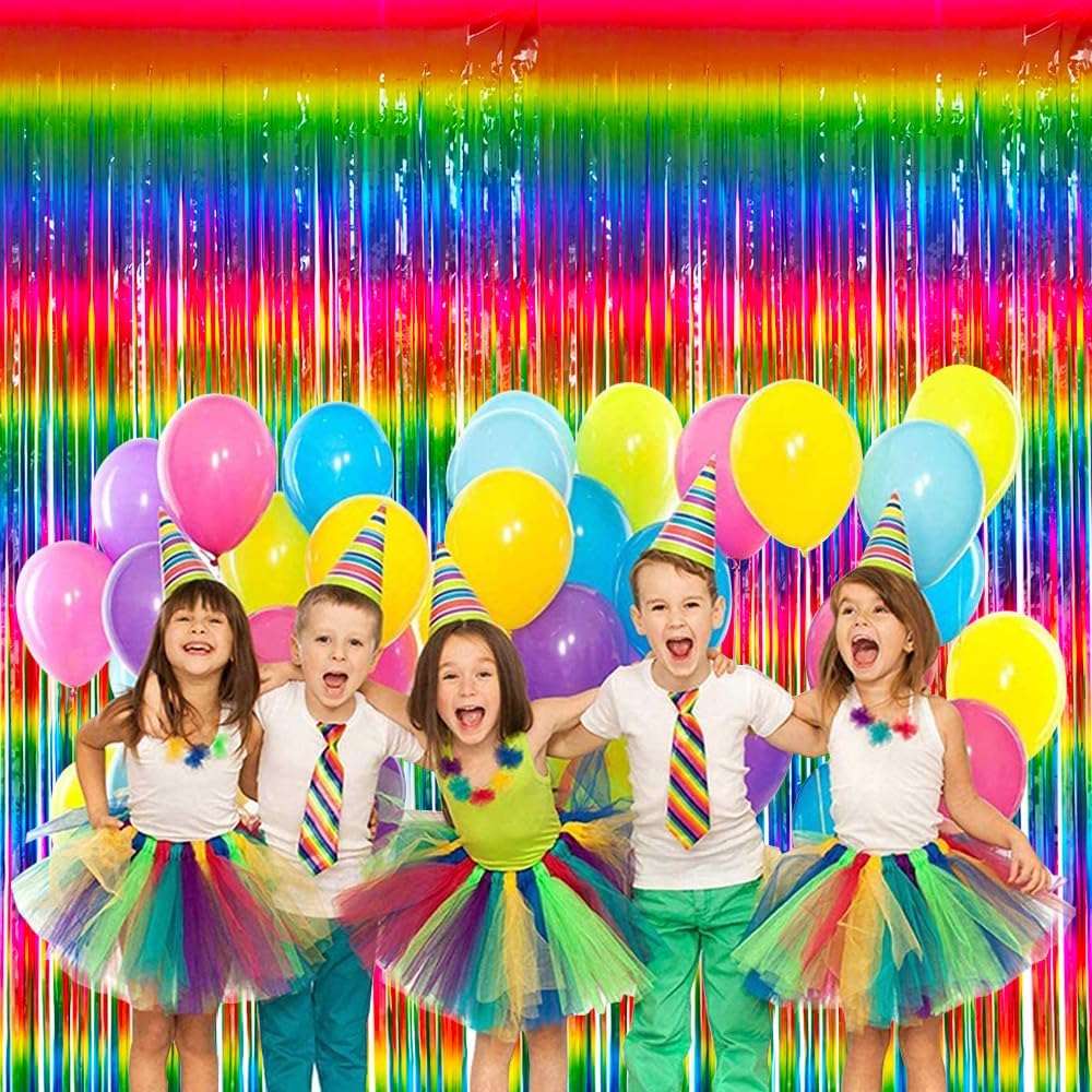 BEISHIDA 2 Pack Dark Rainbow Colorful Foil Fringe Curtain, Assort Color Tinsel Metallic Curtains Photo Backdrop for Birthday Party Wedding Engagement Bridal Shower