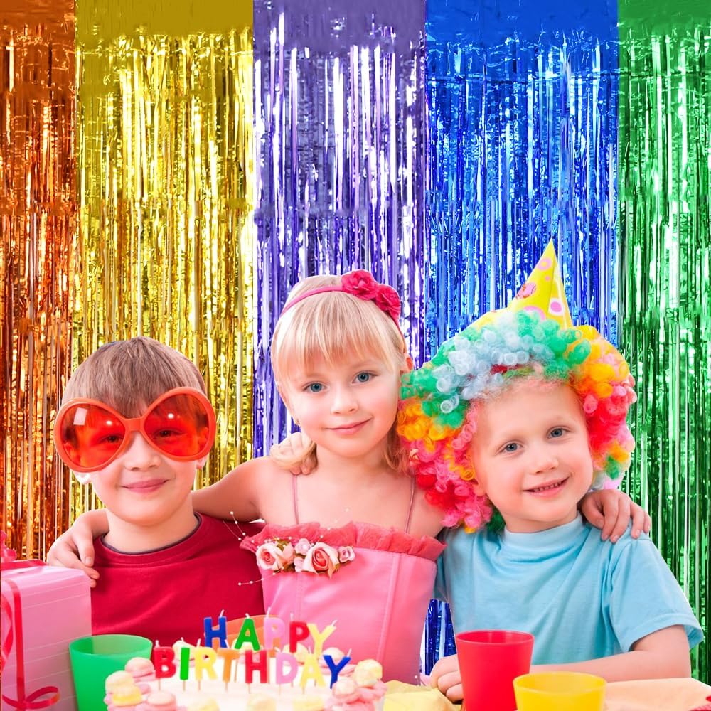 BEISHIDA 4 Pack Rainbow Streamers Fringe Foil Curtain Backdrop, Tinsel Curtain Wall Door Party Streamers for Birthday Party Decoration(3.28 ft x 6.56 ft)