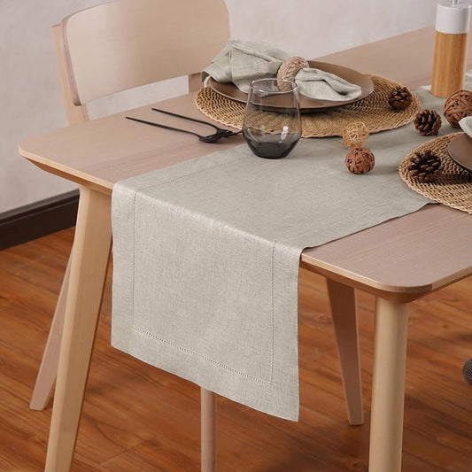Linen Light Natural Table Runner 120 Inches - 100% Pure Linen Cloth Fabric Hemstitch Table Runner 14 x 120 Inch for Dining, Dresser, Thanksgiving, Fall Christmas - Lino