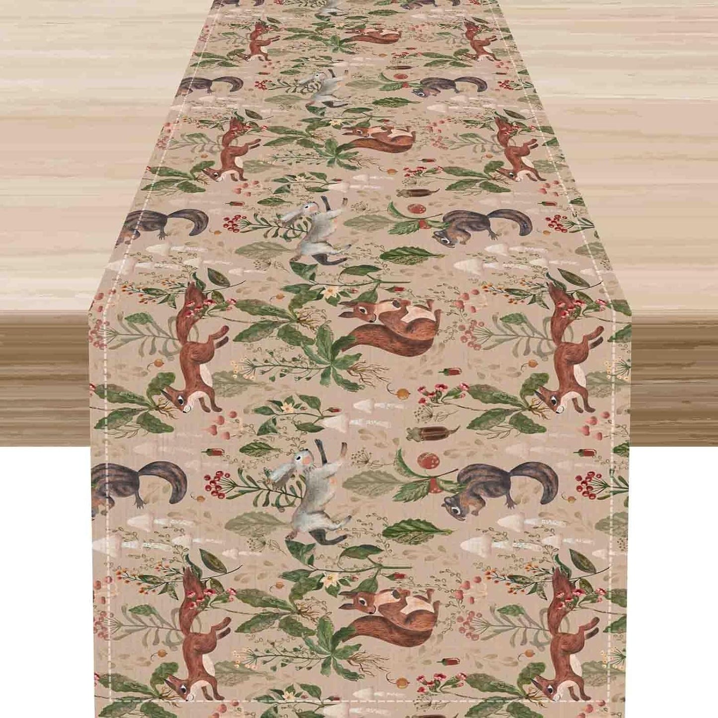Rustic Forest Table Runner, Farmhouse Wild Woodland Animals Country Deer Fox Rabbits Watercolor Table Center Decor for Home Kitchen Dining Patio Holiday Party Outdoor Table Decorations, 13"x72" Inch
